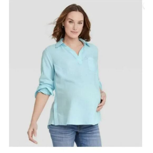 267The Nines by HATCH Light Blue Maternity Top – Long Sleeve Collared Blouse - Picture 1 of 5